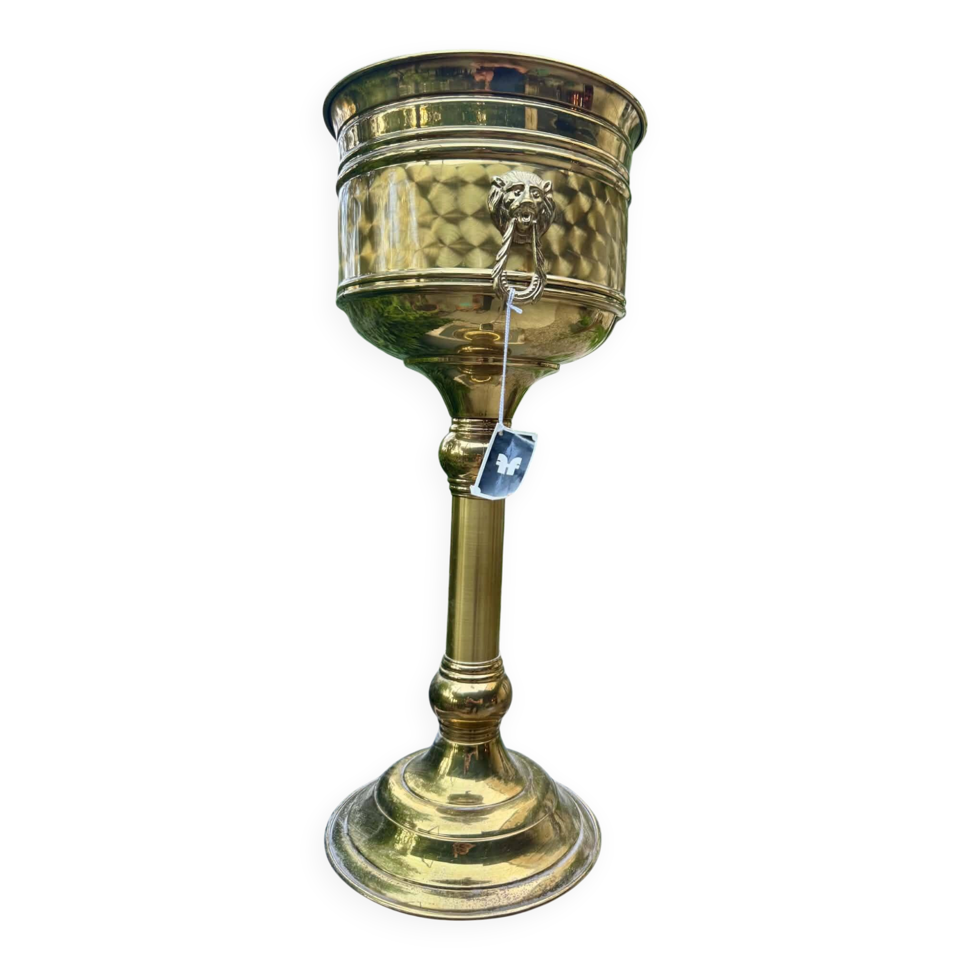 Large brass lion baroque planter on stand