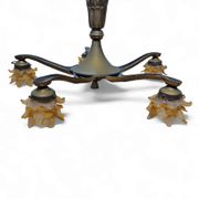 5 arms Art Deco / Art Nouveau / brass hanging lamp / Hand blown floral shades