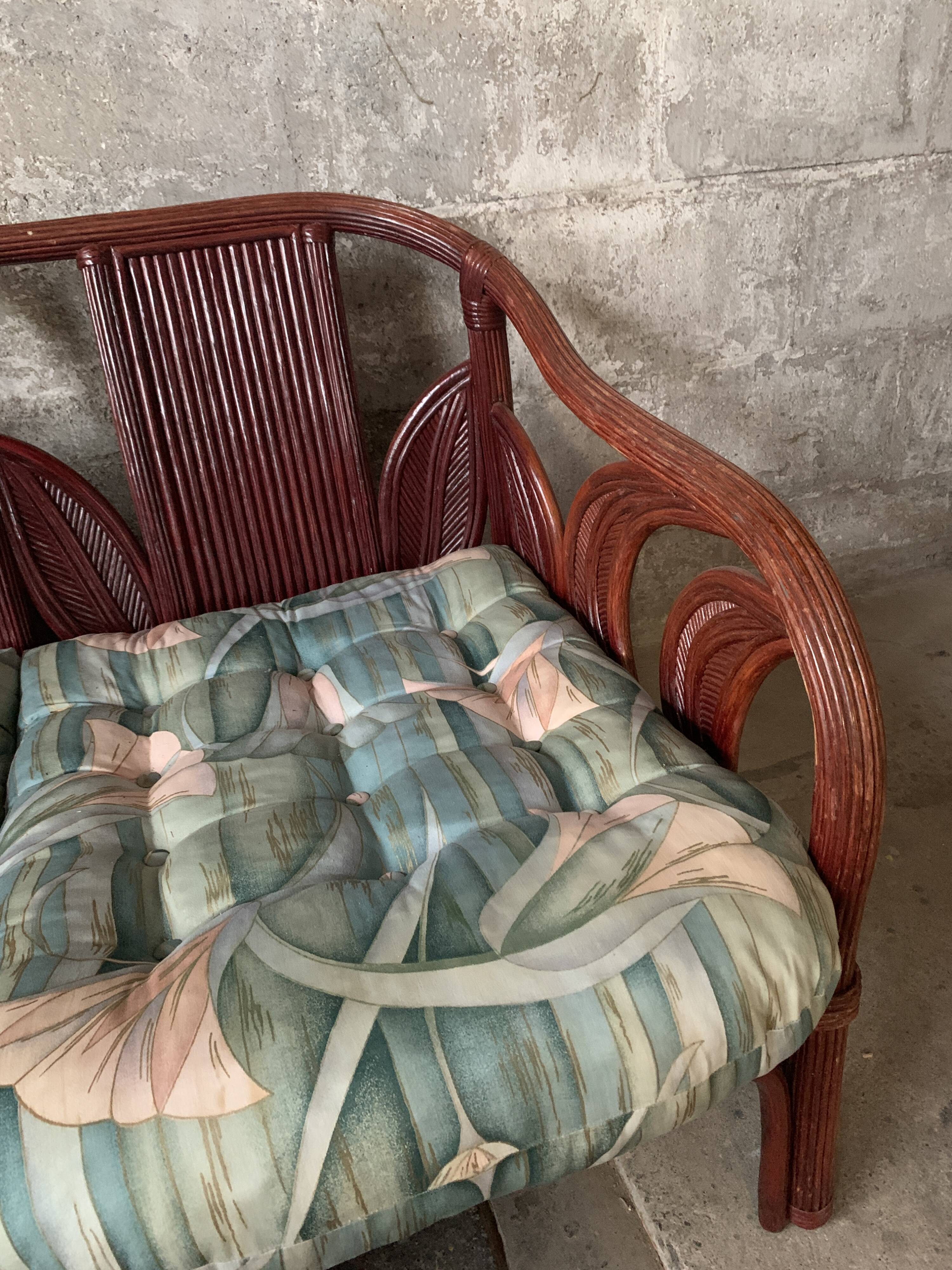 Pencil reed rattan bamboo coastal palm leaf bench sofa, Vivai del Sud 1970s