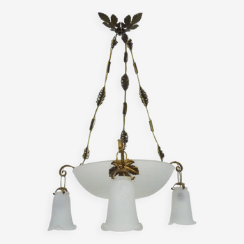 Noverdy France Chandelier pendant light with a basin and three tulips in marmoreal glass paste