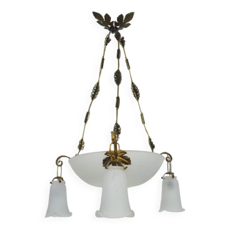 Noverdy France Chandelier pendant light with a basin and three tulips in marmoreal glass paste