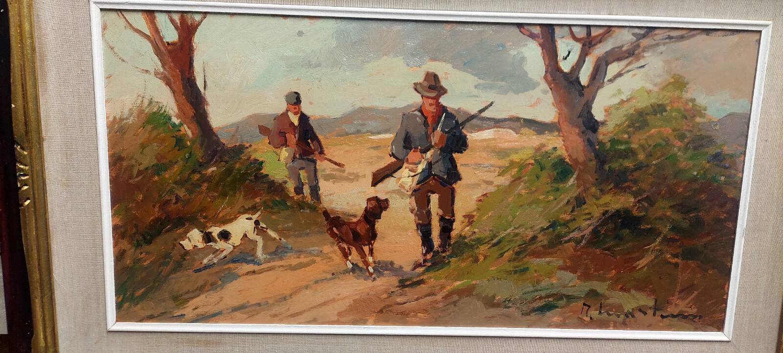 Renzo Martini - Hunters - Oil painting on plywood 60x30 cm