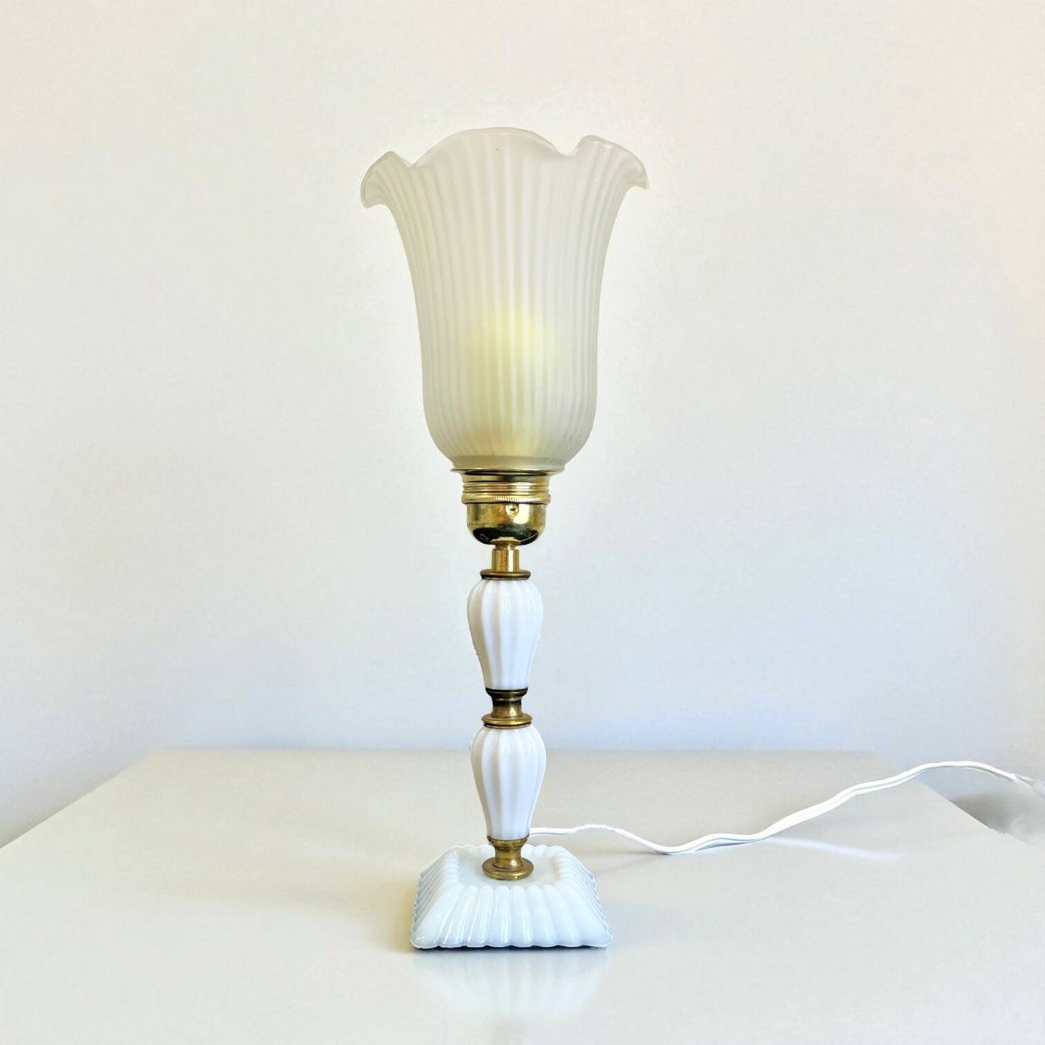 White opaline glass boudoir Art Deco lamp with tulip pleated glass shade