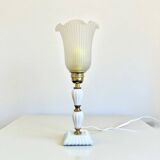 White opaline glass boudoir Art Deco lamp with tulip pleated glass shade