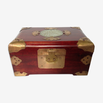 Chinese jewelry box with brass mahogany jade pIerre