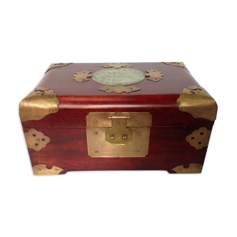 Chinese jewelry box with brass mahogany jade pIerre