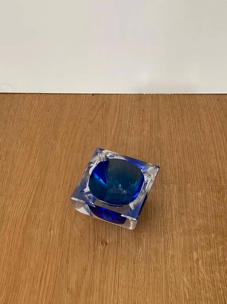 Vintage Sommerso glass ashtray in Murano style, square blue shape.