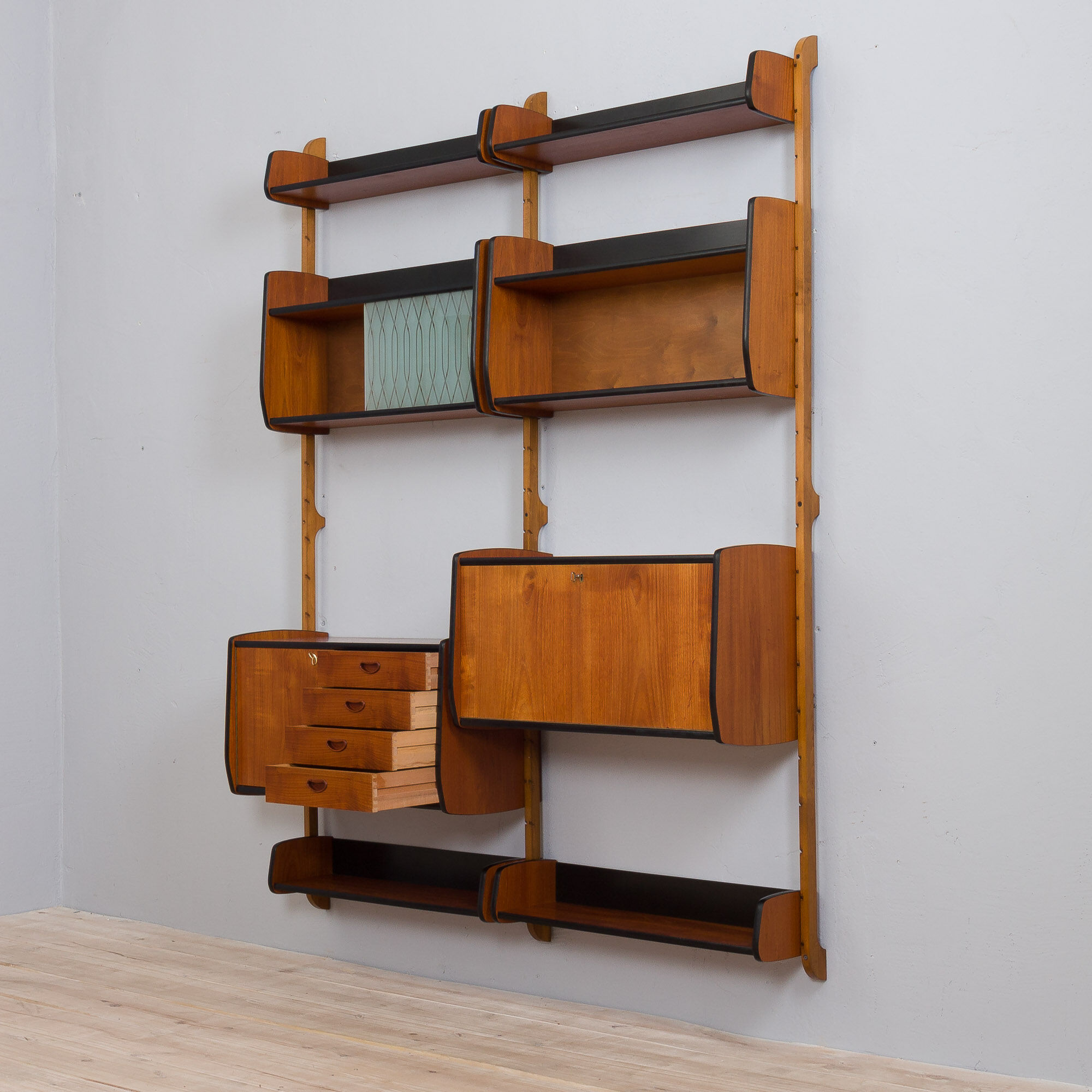 Two bay Teak Ergo Modular Wall Unit with 4 Shelves & 4 Cabinets by John Texmon for Blindheim Møbelfa