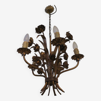 Mid century patinated gilt tole roses chandelier by Hans Kögl, 1960s