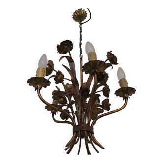 Mid century patinated gilt tole roses chandelier by Hans Kögl, 1960s