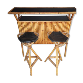 Bar counter and 2 bamboo and leather stools, 1950/60