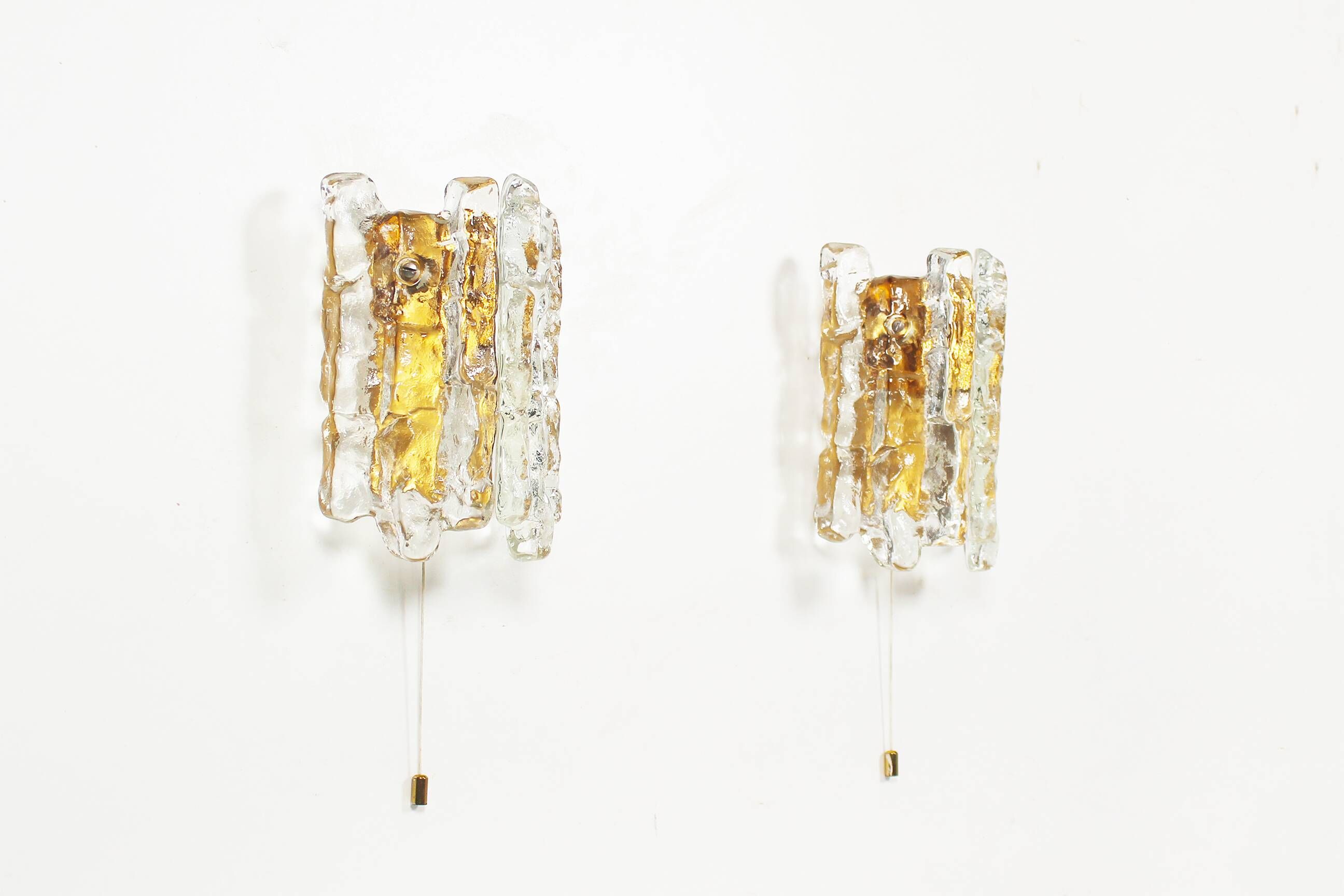 Set of two brass and heavy ice glass sconces by Kalmar, Austria 1970’s