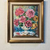 Oil on canvas still life with roses signed 20th century.