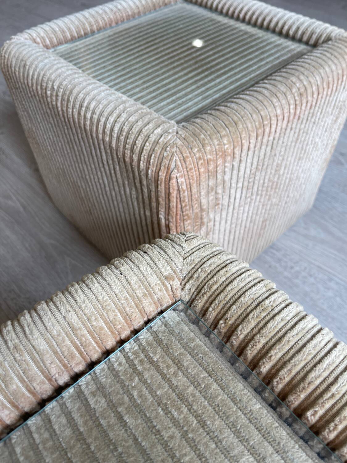Pair of bedside tables, beige corduroy & glass