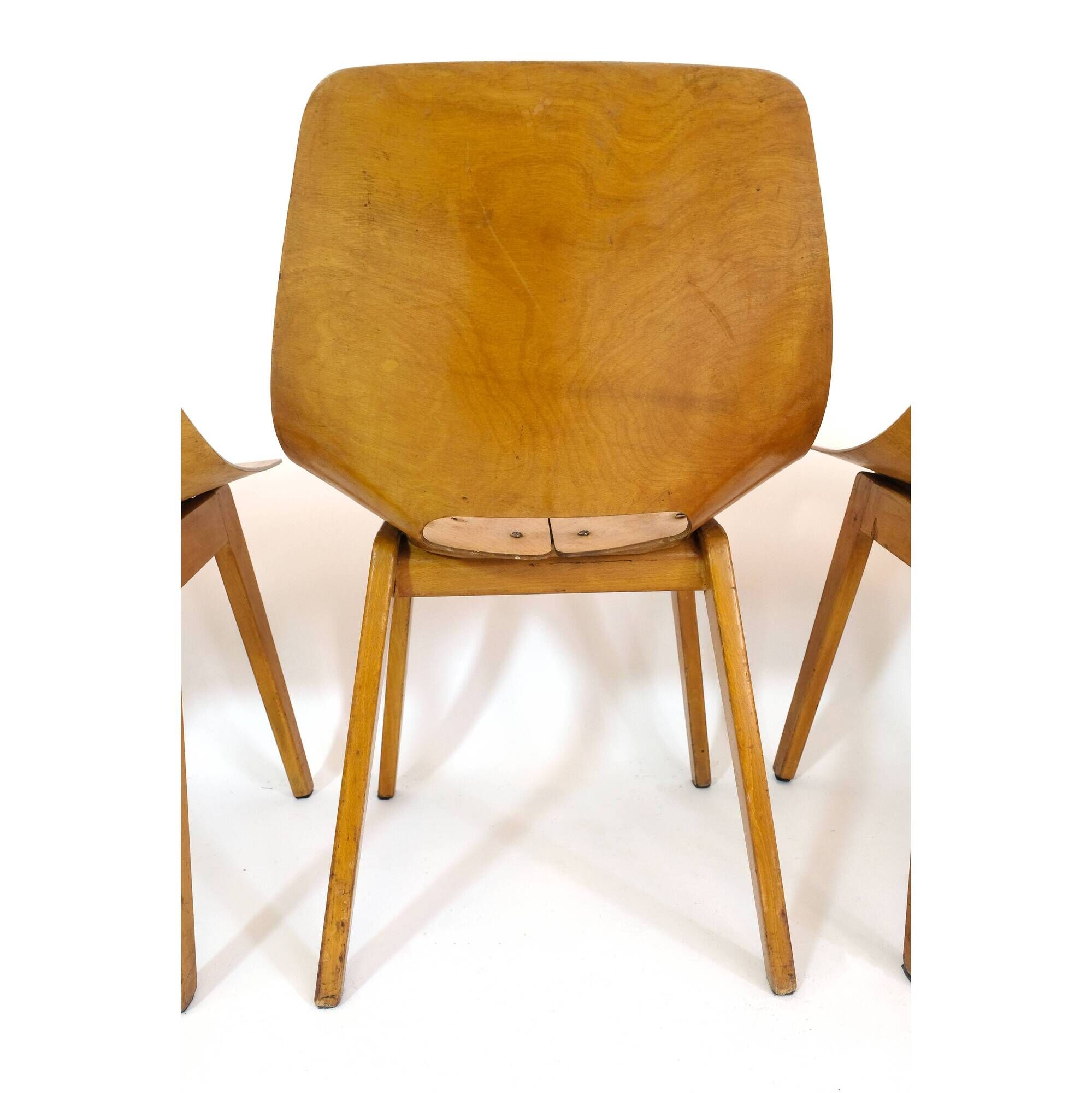Set of 4 barrel chairs, wooden base, Pierre Guariche, Steiner, 1950s.