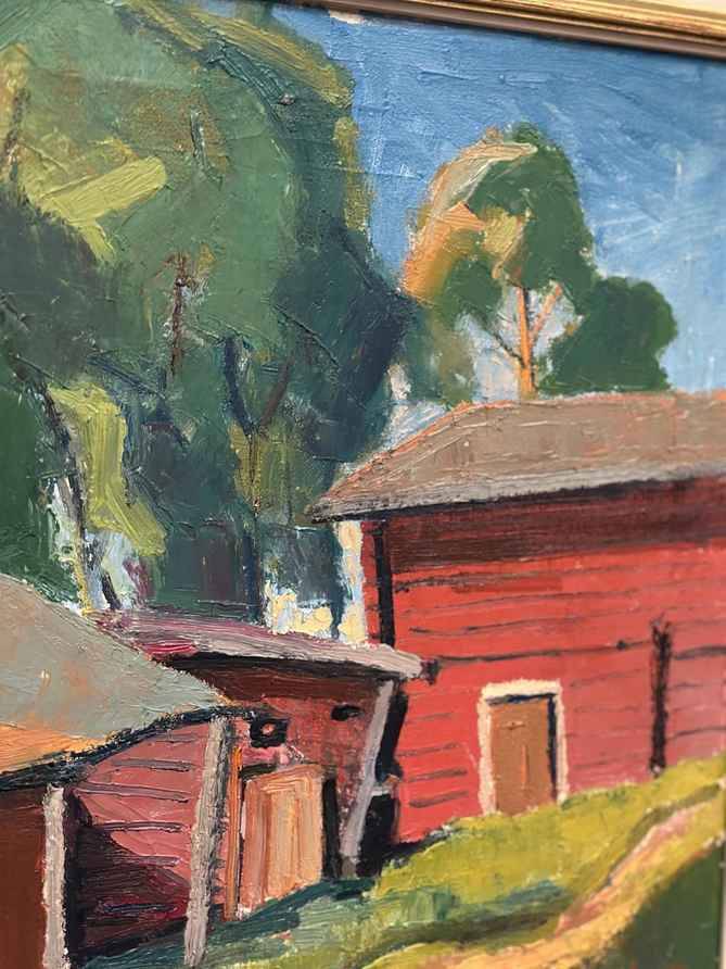 Original Swedish Oil On Canvas – “Red Barns” By L. Wuariner – Vintage & Framed