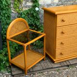 Chest of drawers and bedside table in rattan cane and oak, vintage 1970s