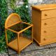 Dresser and its bedside table in cane rattan and vintage oak from the 1970s.