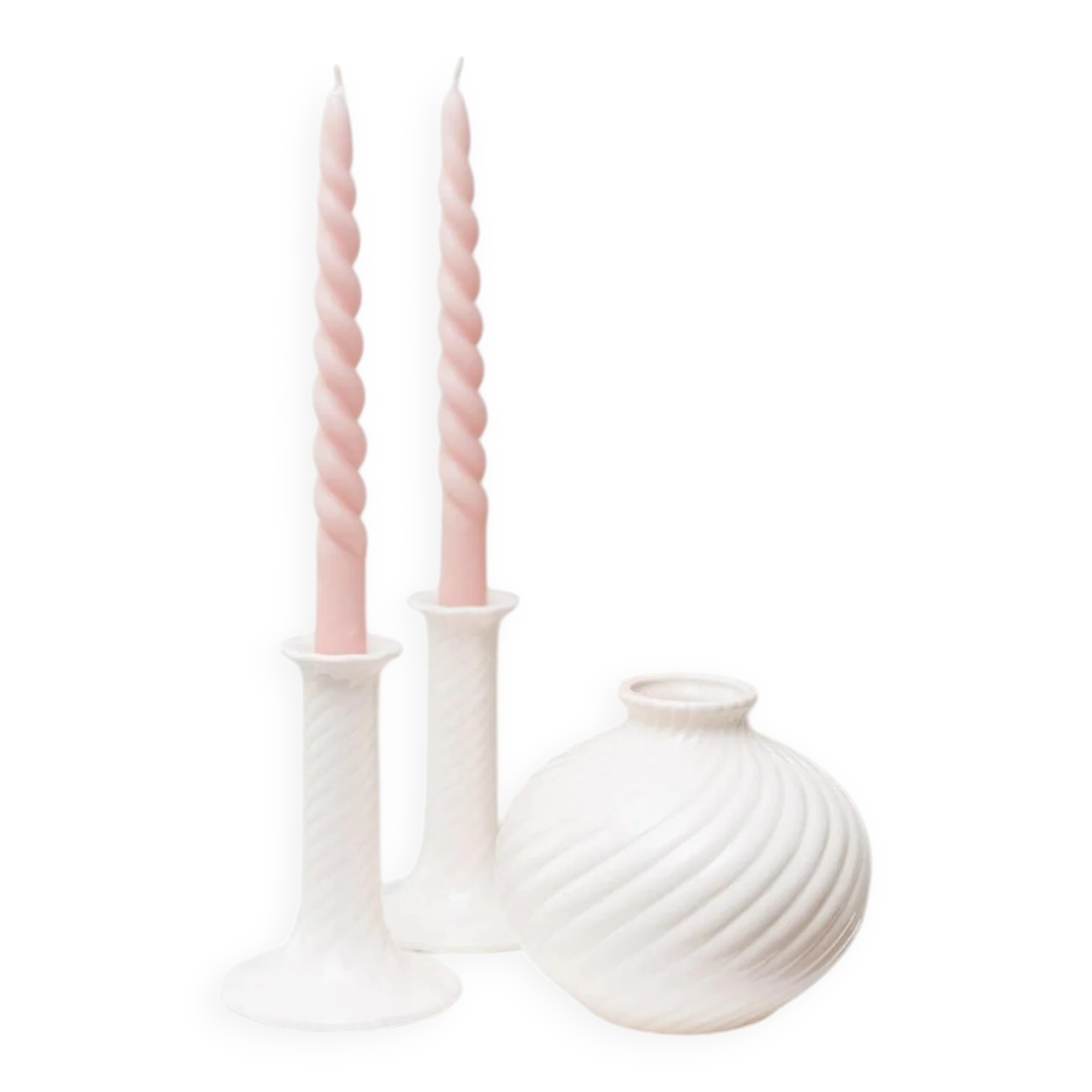 Cream ceramic mid-century set: two candle holders and a vase with white glaze, 1970s design