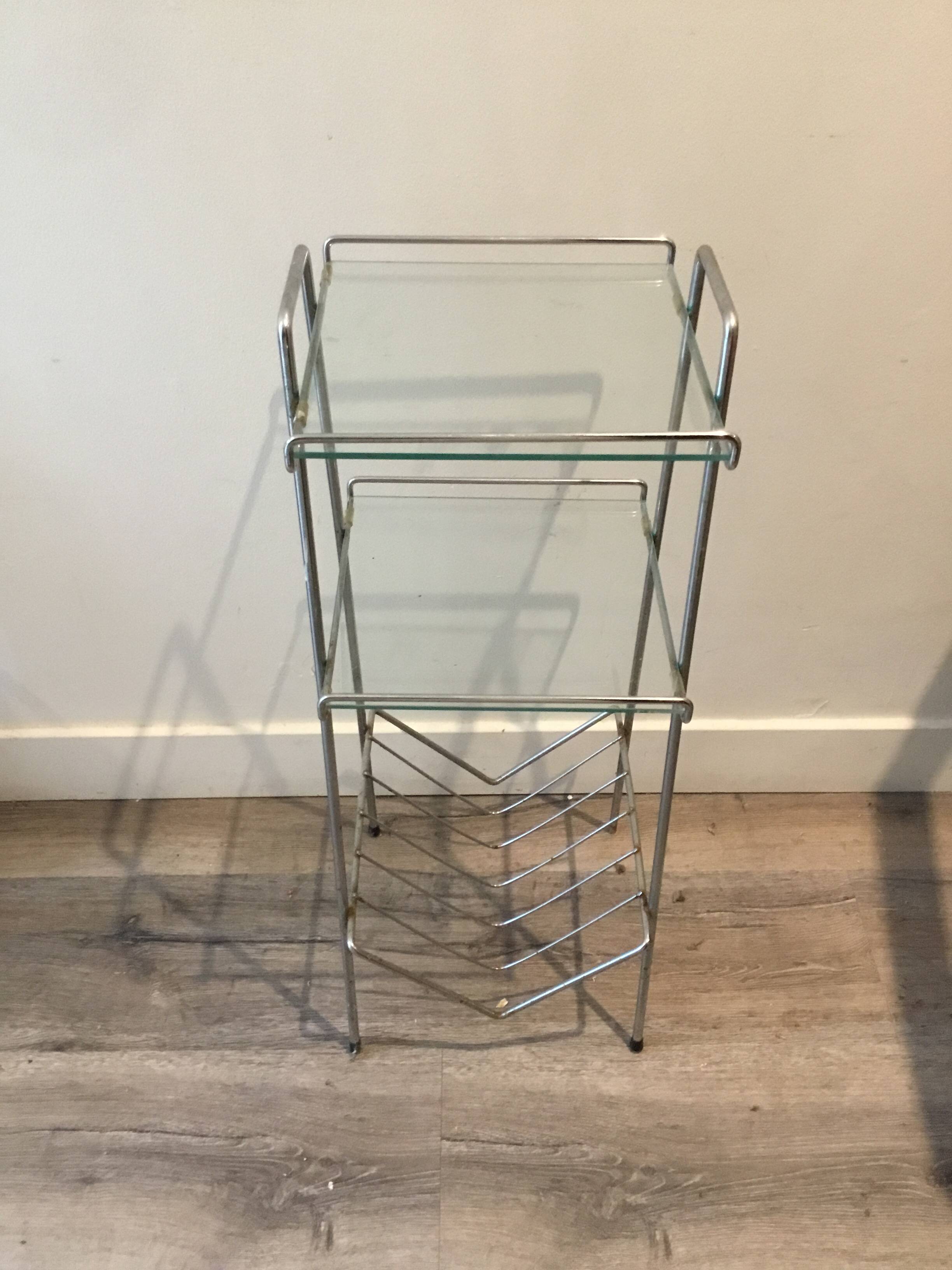 Chrome and glass side table. 1970. Space age.