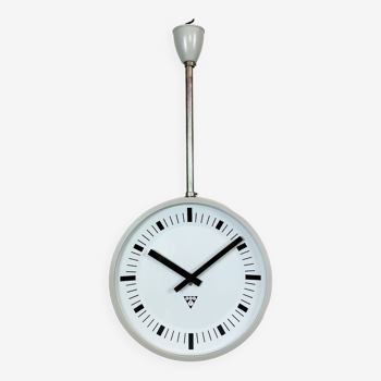 Grey Industrial Bakelite Double Sided Factory Clock from Pragotron, 1980s