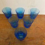 Série de 6 verres à jus verre moulé bleu décor feuilles vintage