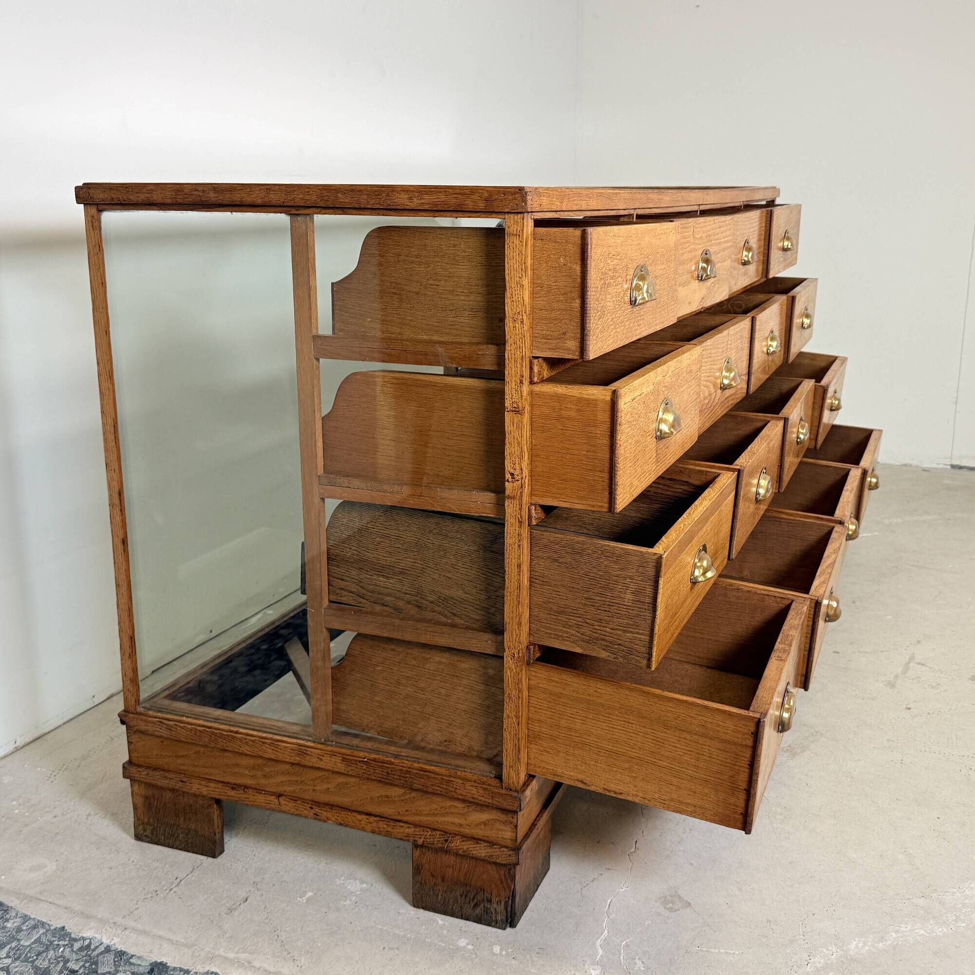 Solid Oak Haberdashery Glass Showcase with 16 Drawers – ca. 1940s