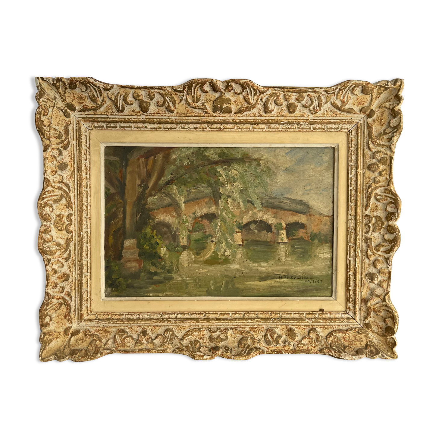 Painting old landscape painting bridge XXth A.Taboureau 1948