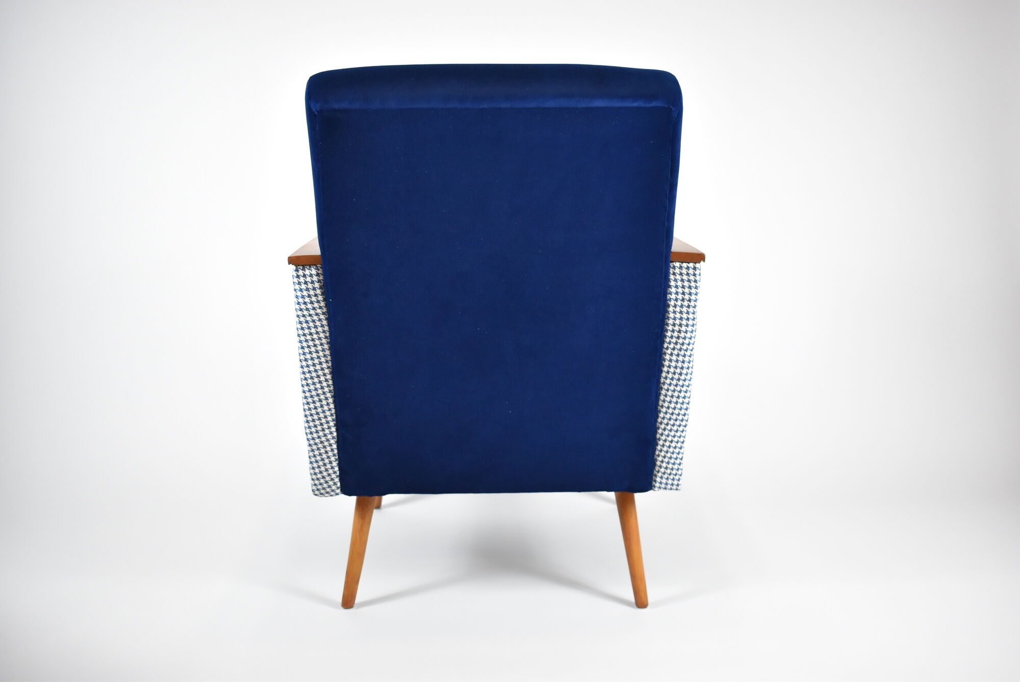 Vintage armchair 60s, DDR, renovation, velvet, houndstooth, blue