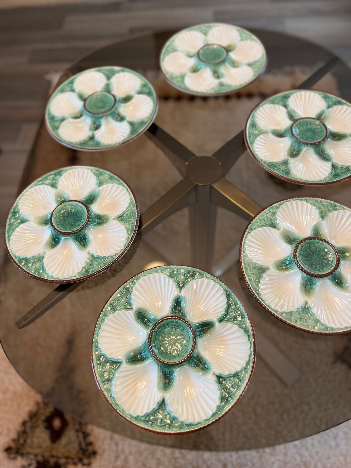 6 vintage slip oyster plates
