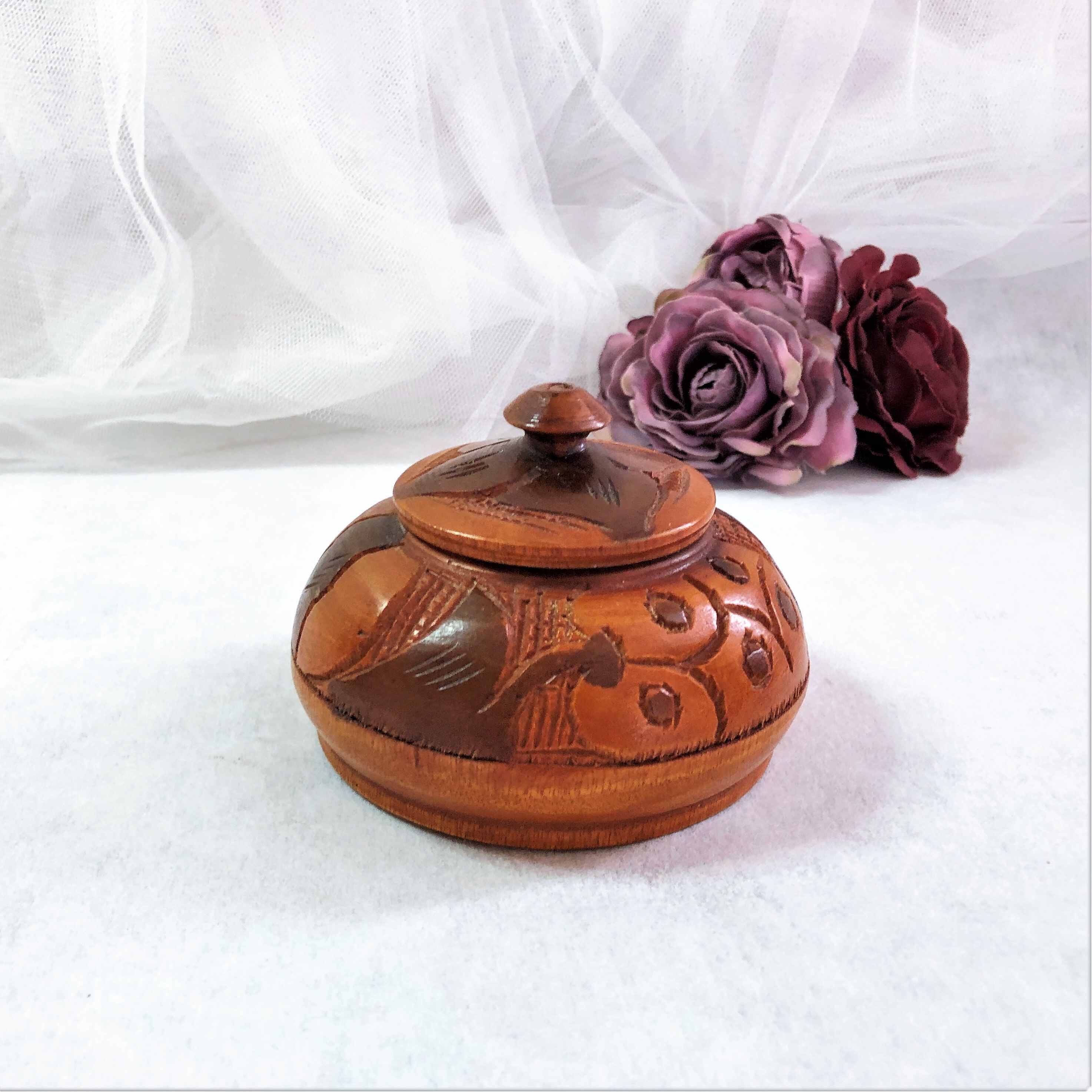Handmade wooden box brown copper polychrome vintage