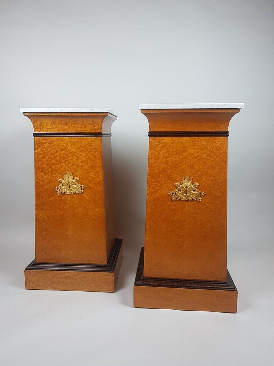 Pair of empire style columns - cedar burl plating - brass and marble