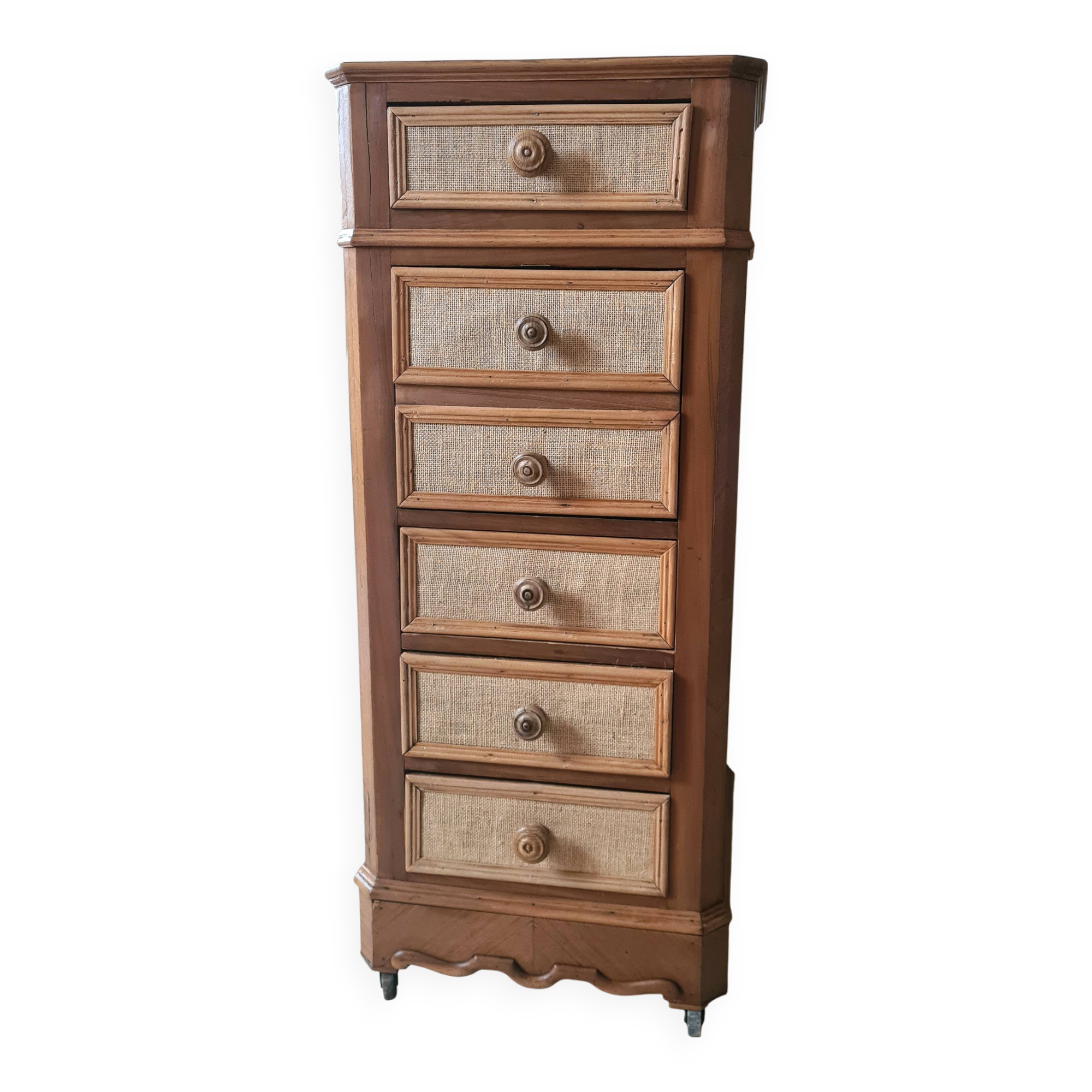 Nightstand in walnut and jute fabric, 1900