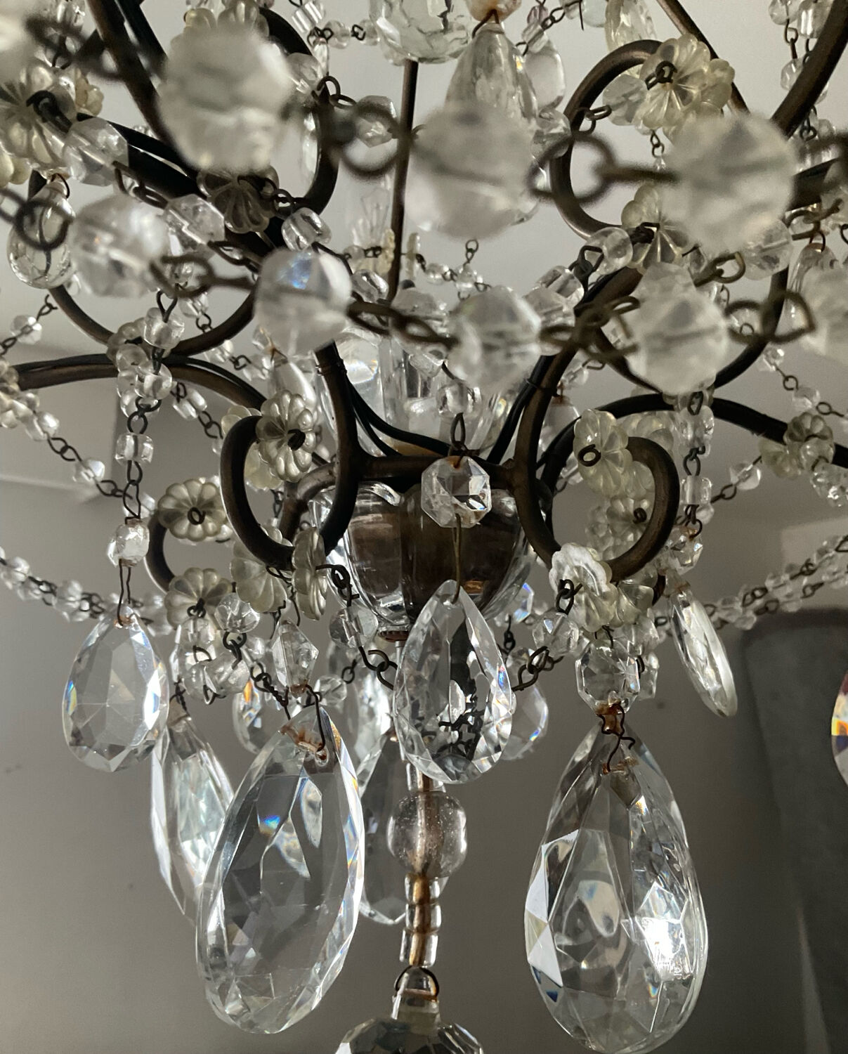 Antique cage chandelier with rock crystal pendants