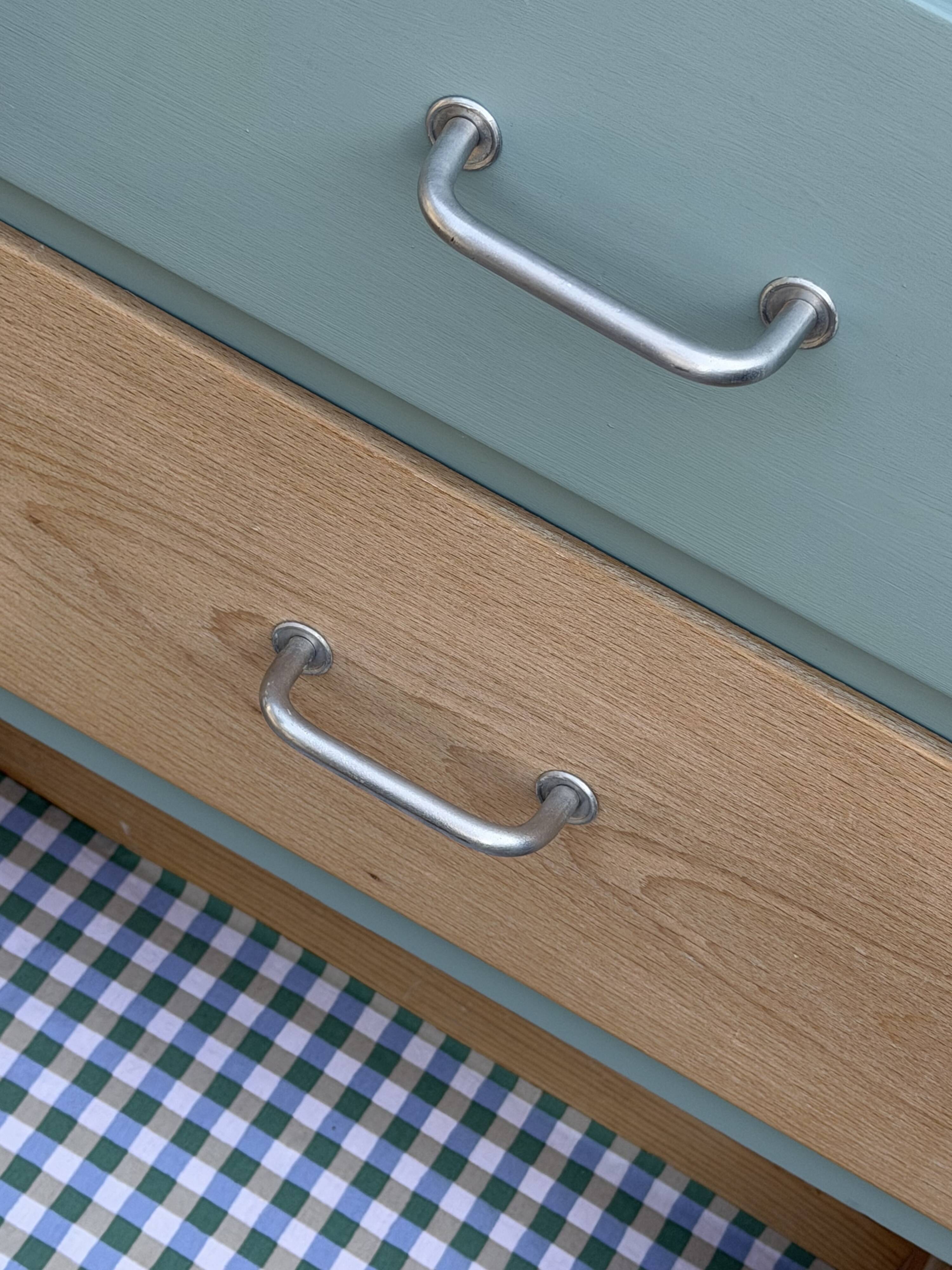 Vintage tall chest of drawers in raw wood and grey-blue from the 1950s.