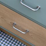 Vintage tall chest of drawers in raw wood and grey-blue from the 1950s.