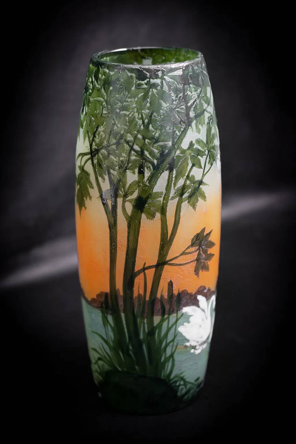 Large Legras Art Nouveau vase in acid-etched glass | Swan Lake