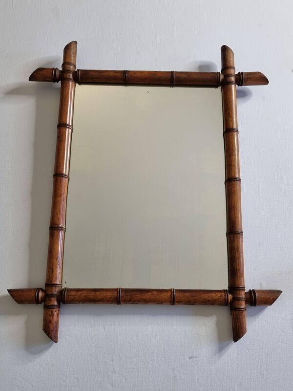 Grand miroir ancien en bois tourné style bambou, fin XIXe, 58 x 45 cm