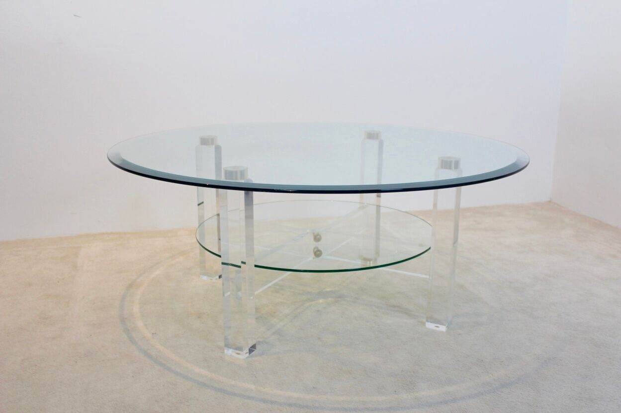 Coffee table lucite, brass & glass, Belgium 1970