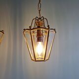 Pair of brass and bevelled glass pendant lights/lanterns, 1950-60.
