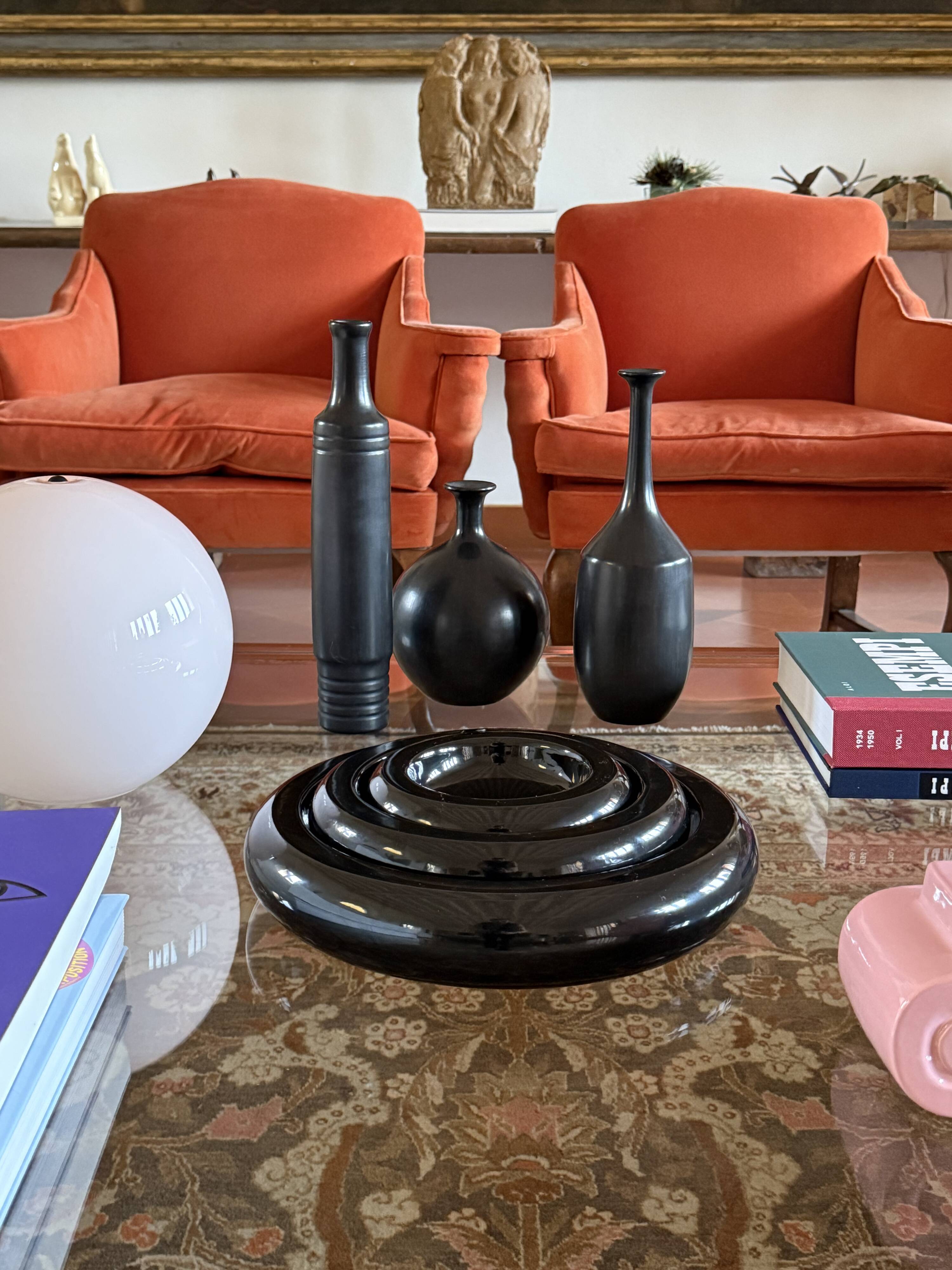 Mid-century set of 3 black bucchero ceramic vases, Sebastiani Italy 1960s