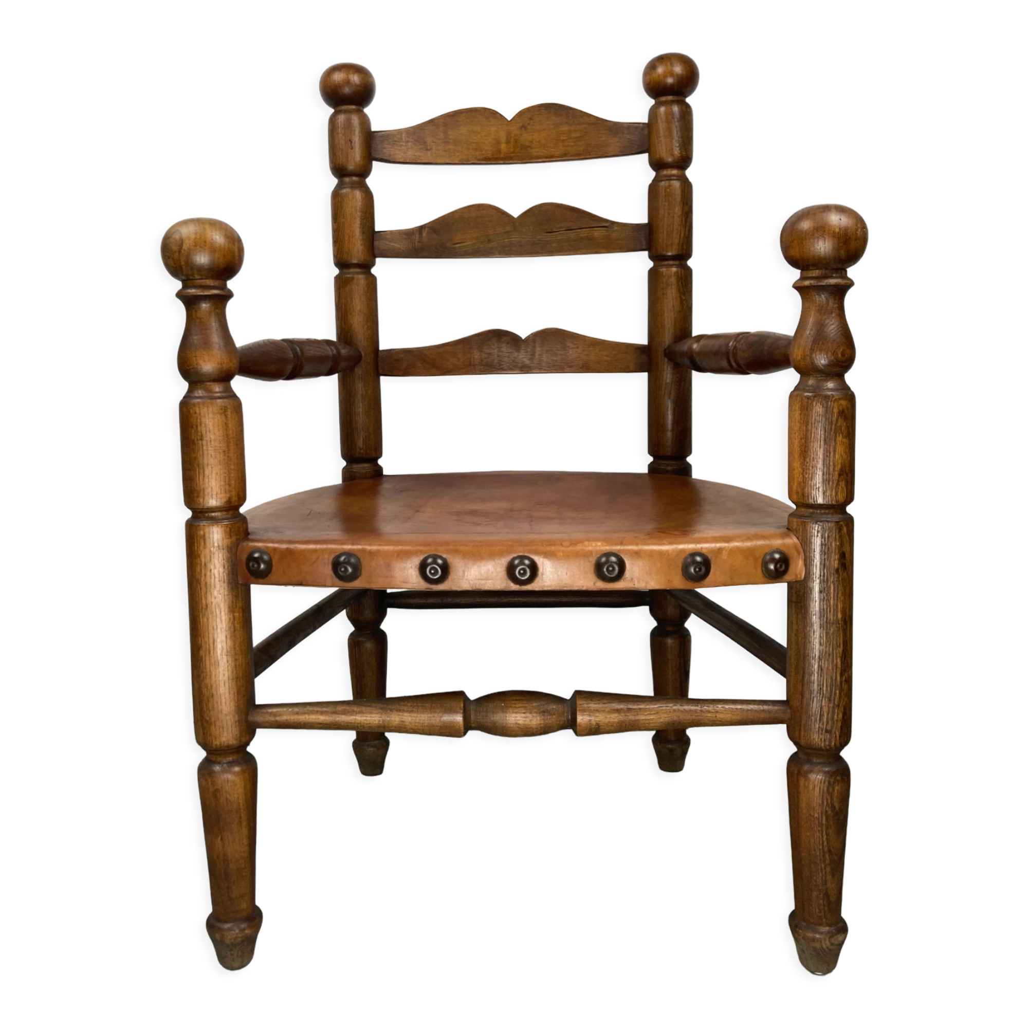 Rustic french farm chair, leather seat ca 1930s-1950s