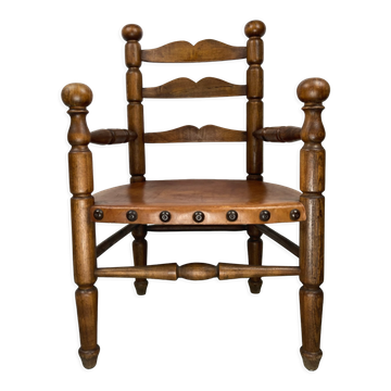 Rustic french farm chair, leather seat ca 1930s-1950s
