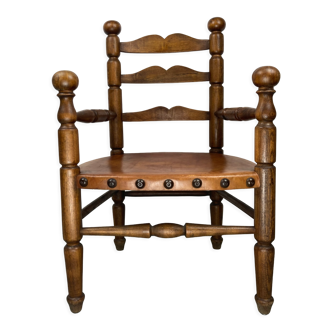 Rustic french farm chair, leather seat ca 1930s-1950s