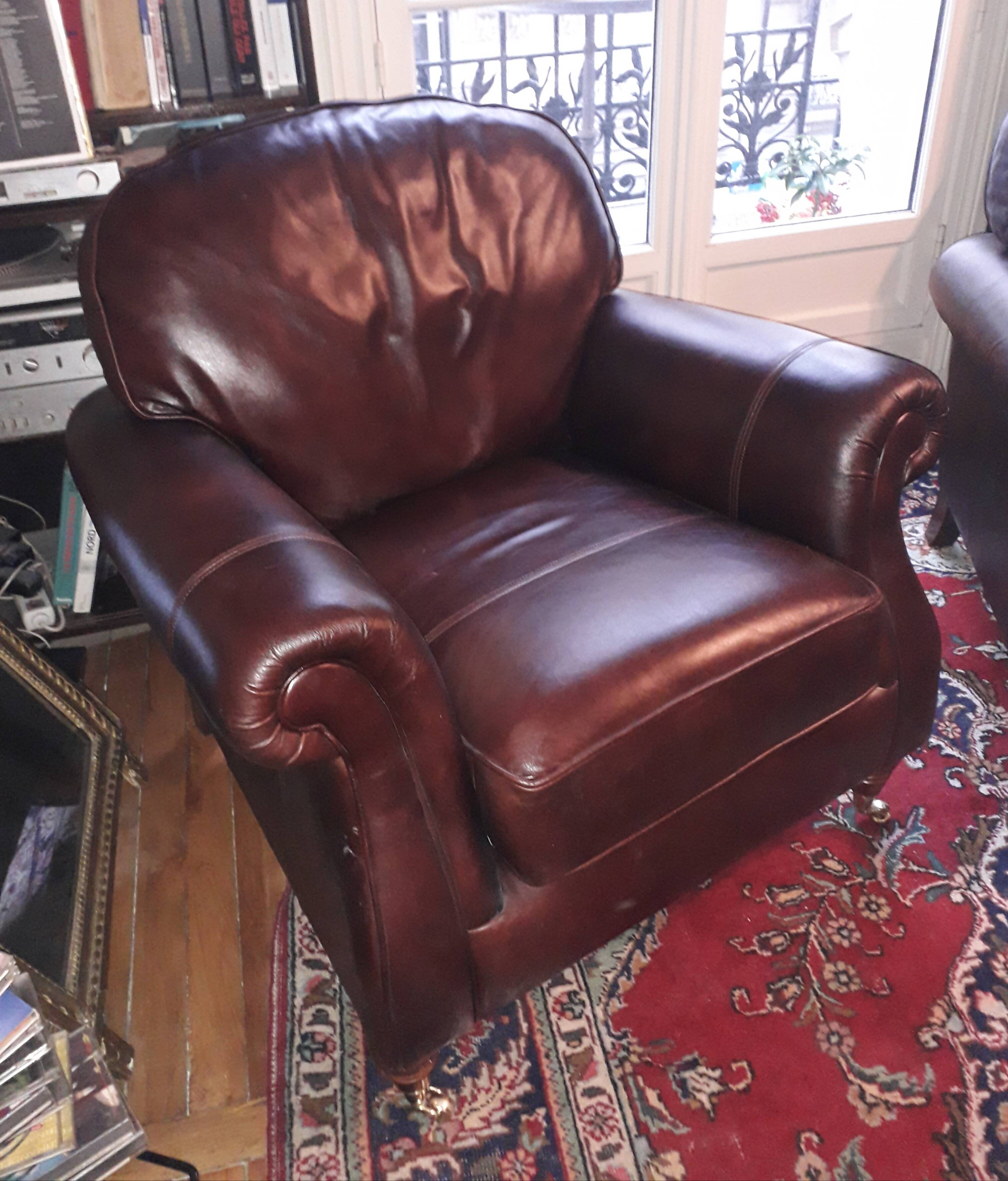 Napoleon III style leather armchair pair