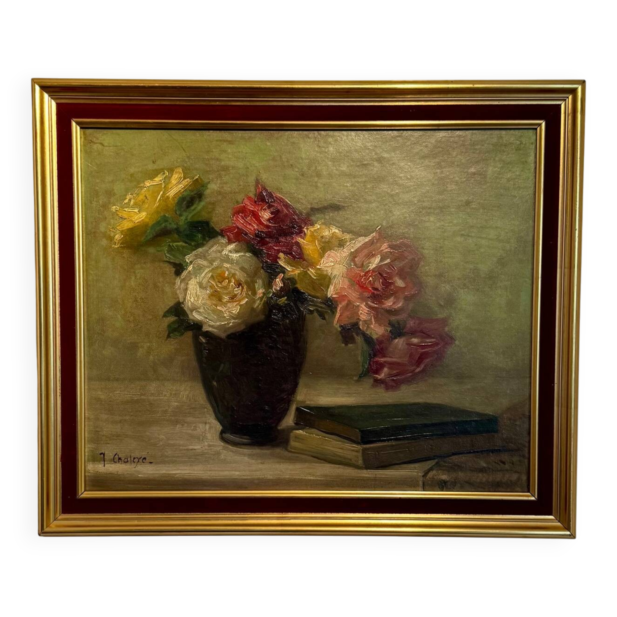 Antique painting, Still life with roses, signed Chaleyé