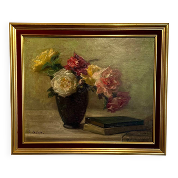 Tableau ancien, Nature morte aux roses, signée Chaleyé