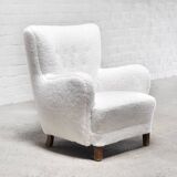 Fauteuil modèle 1669 en laine blanche,  Fritz Hansen, Danemark années 1940