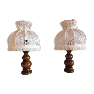 Pair of turned wooden bedside lamps and lace/vintage lampshade 60s-70s