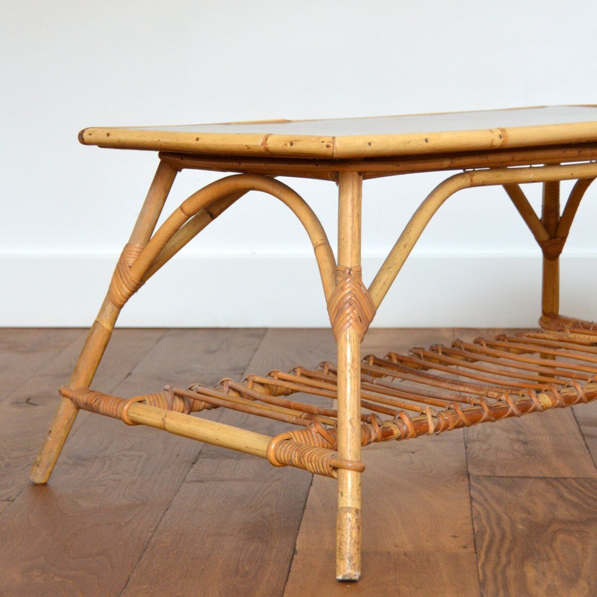 Coffee table wood and rattan 1950s